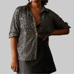 Anthropologie Metallic Sequin grey Shirt new button up small